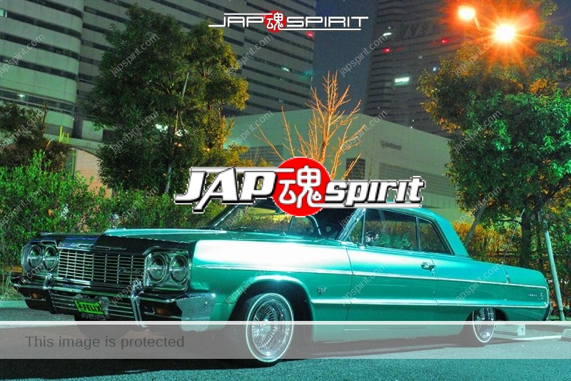 CHEVROLET Impara 64 coupe DarkCyan color lowrider style at night Minatomirai parking