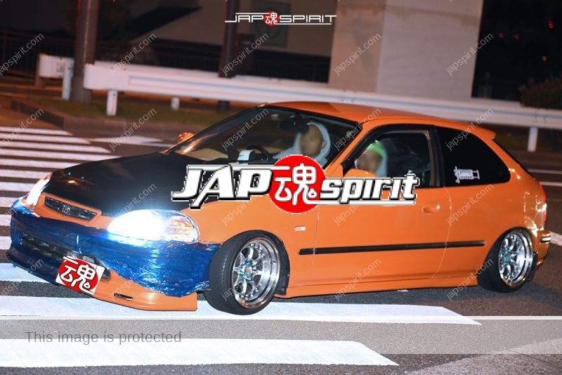 Stancenation 2016 Honda Civic EK Hellaflush orange body black bonnet at Odaiba