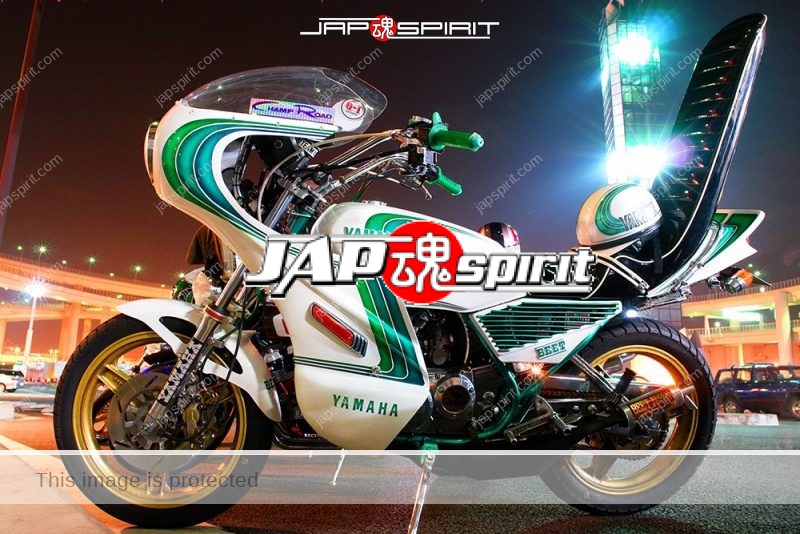 YAMAHA-RZ250-Kyushakai-rocket-cowl-Sandan-sheet-white-emerald-green-color-tsuppari-tail-01
